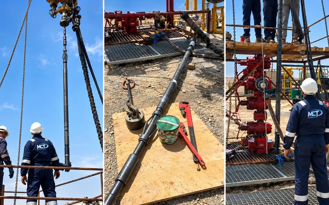 Three-panel composition showing completion equipment and MCT personnel at an installation site.