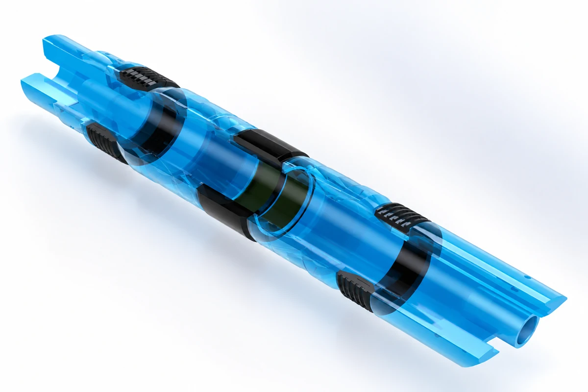 Translucent blue 3D cutaway of a downhole tool showing internal components